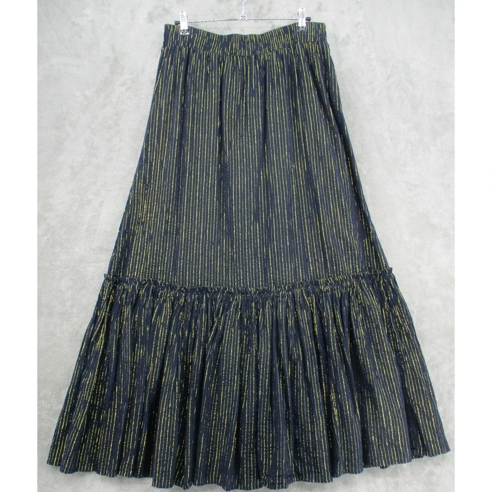 Boden Skirt Womens 10 Maxi Navy Gold Stripe Tiered Broomstick Lined Pull On Boho - Picture 2 of 10